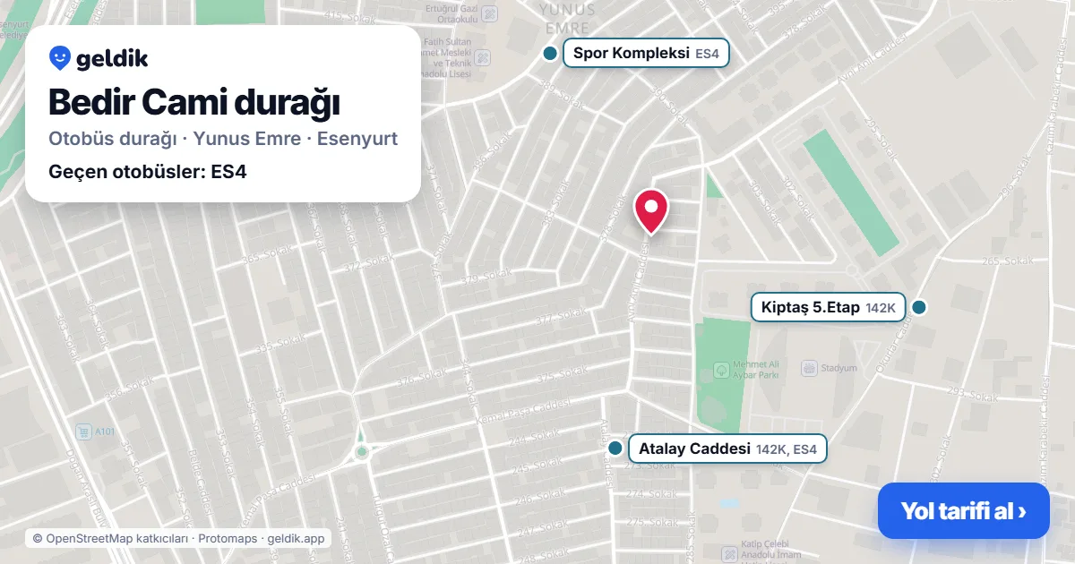 Bedir Cami otobüs durağı haritada: konumu ve yakındaki duraklar