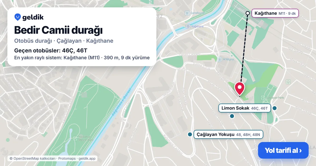 Bedir Camii otobüs durağı haritada: konumu ve yakındaki duraklar