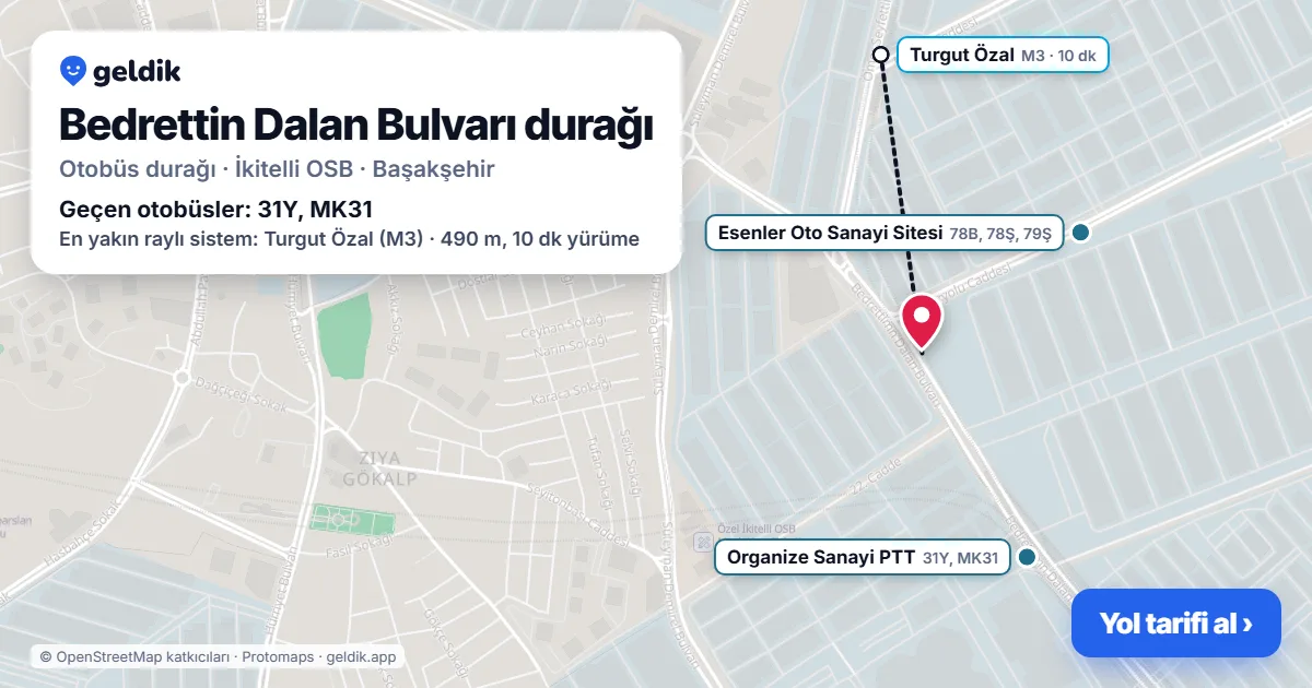 Bedrettin Dalan Bulvarı otobüs durağı haritada: konumu ve yakındaki duraklar