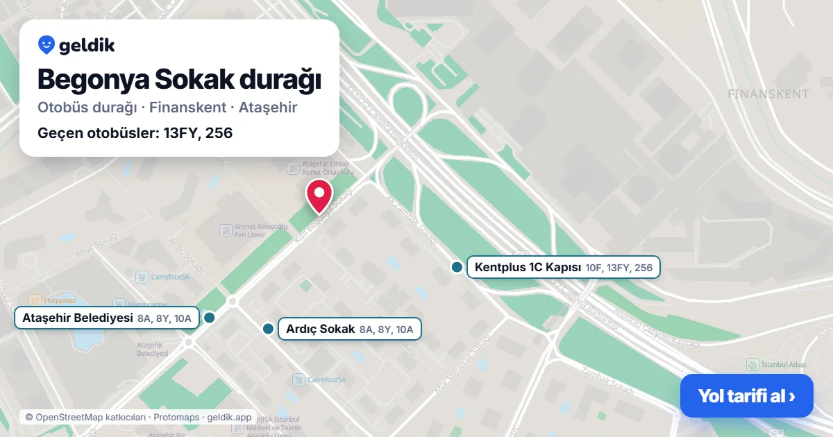 Begonya Sokak otobüs durağı haritada: konumu ve yakındaki duraklar