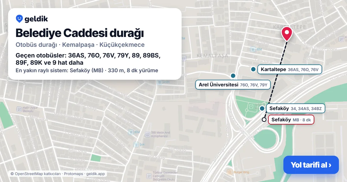 Belediye Caddesi otobüs durağı haritada: konumu ve yakındaki duraklar