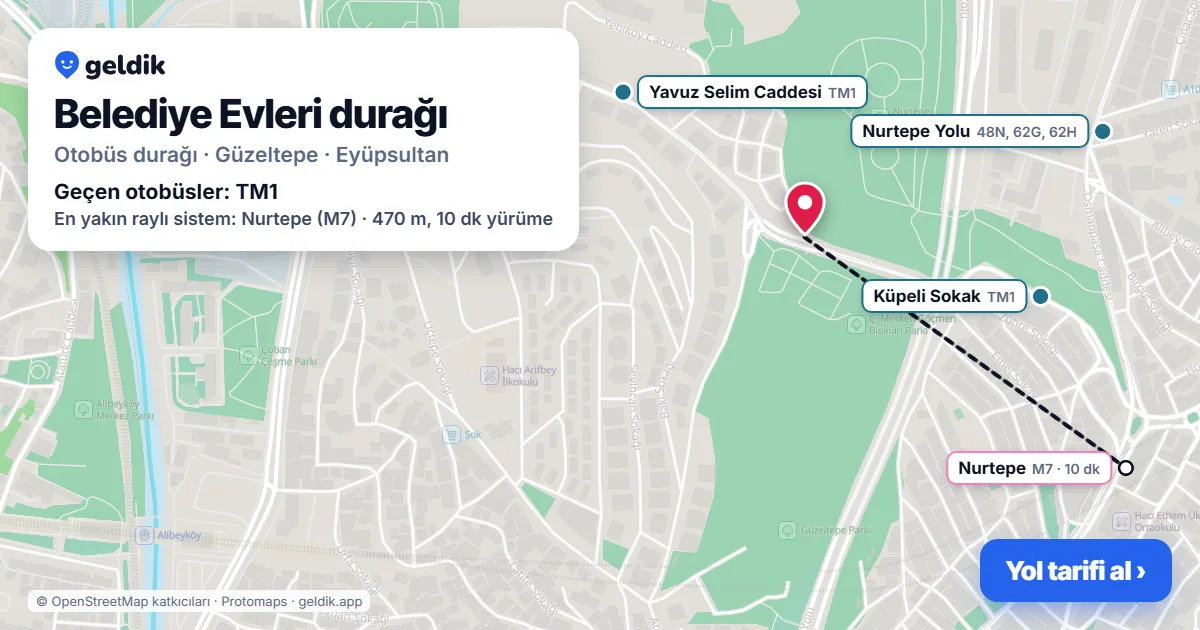 Belediye Evleri otobüs durağı haritada: konumu ve yakındaki duraklar