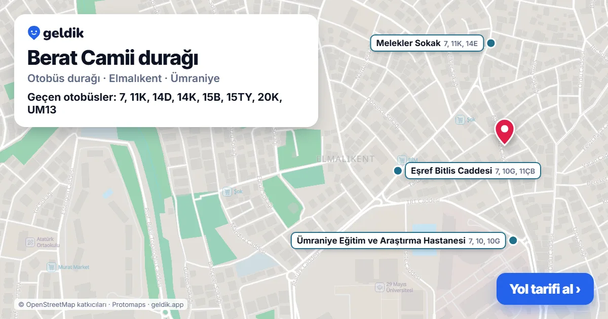 Berat Camii otobüs durağı haritada: konumu ve yakındaki duraklar