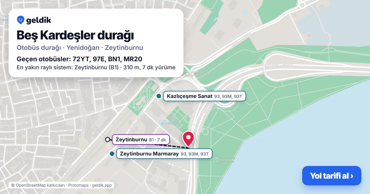 Beş Kardeşler otobüs durağı haritada: konumu ve yakındaki duraklar