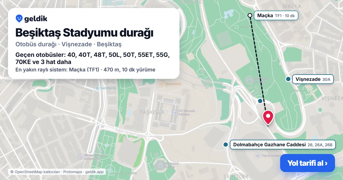 Beşiktaş Stadyumu otobüs durağı haritada: konumu ve yakındaki duraklar