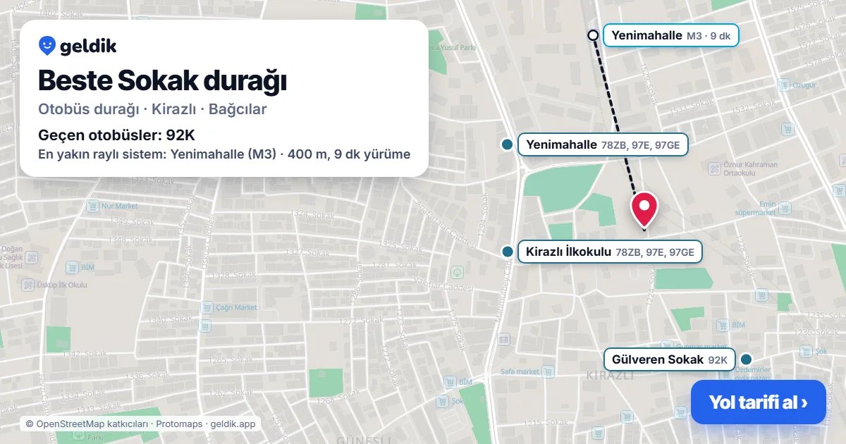 Beste Sokak otobüs durağı haritada: konumu ve yakındaki duraklar