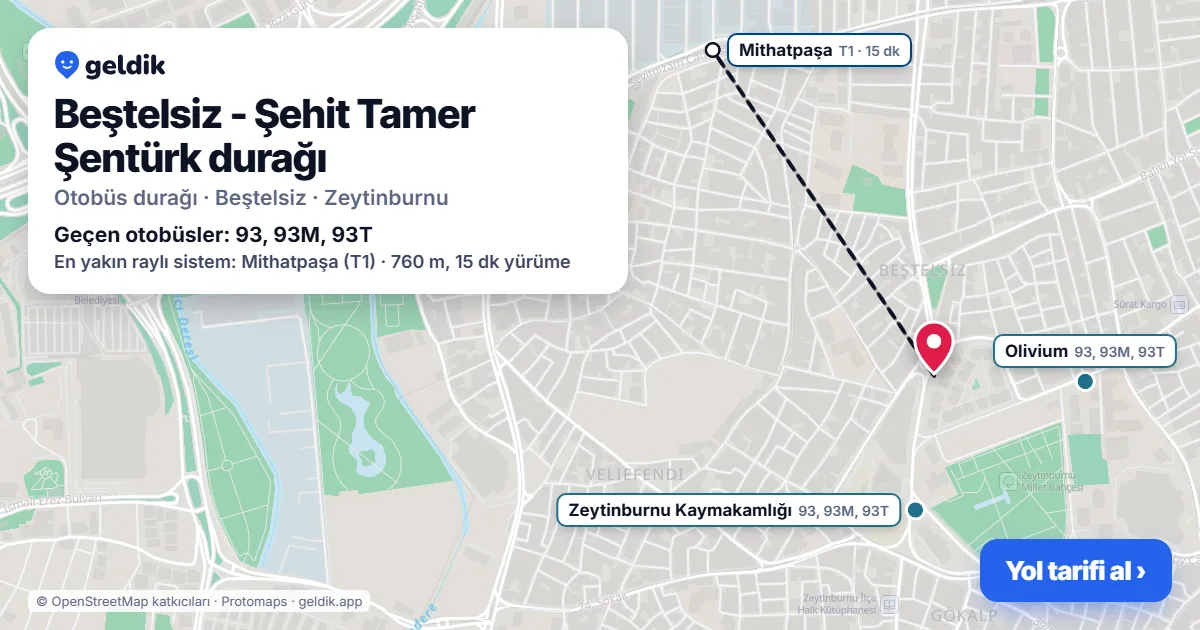 Beştelsiz - Şehit Tamer Şentürk otobüs durağı haritada: konumu ve yakındaki duraklar