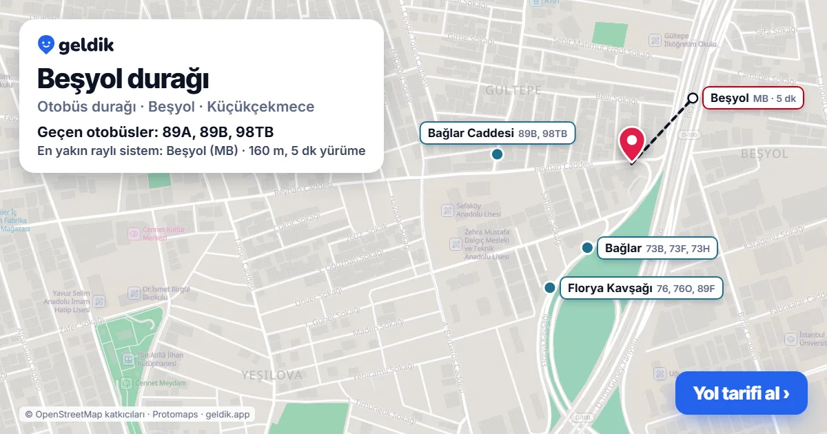 Beşyol otobüs durağı haritada: konumu ve yakındaki duraklar