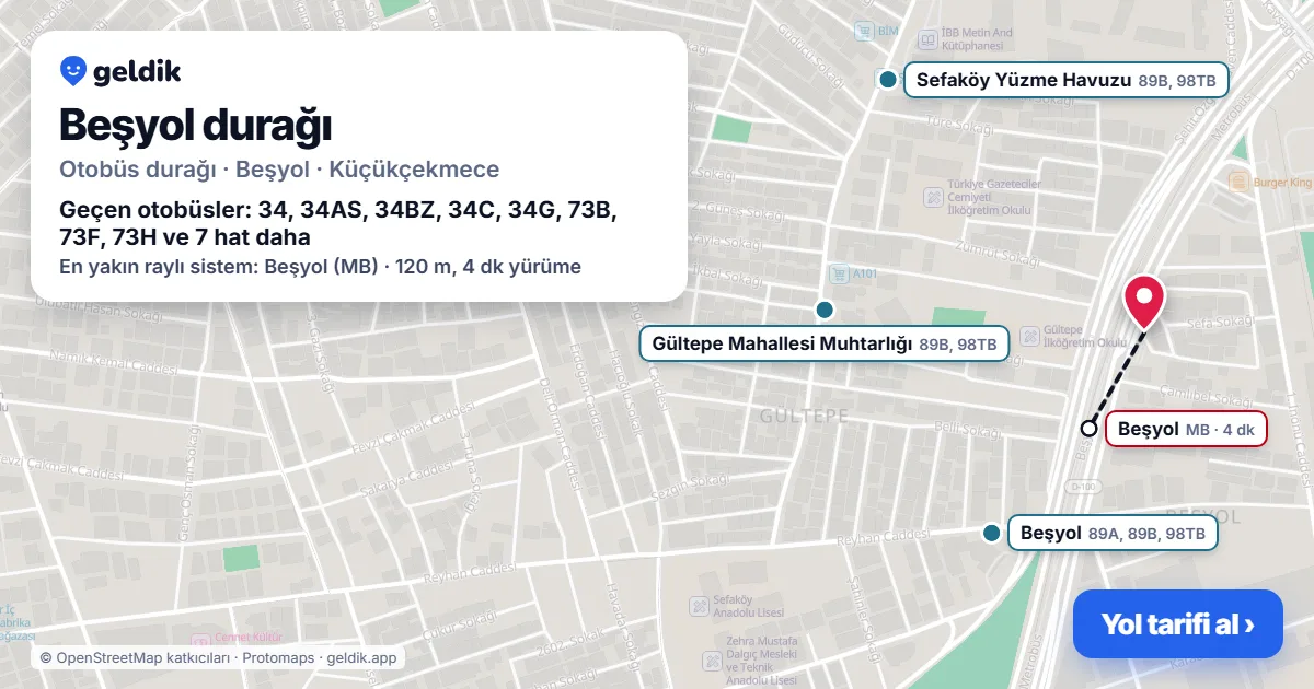 Beşyol otobüs durağı haritada: konumu ve yakındaki duraklar