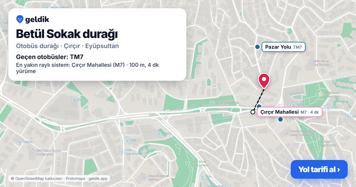 Betül Sokak otobüs durağı haritada: konumu ve yakındaki duraklar