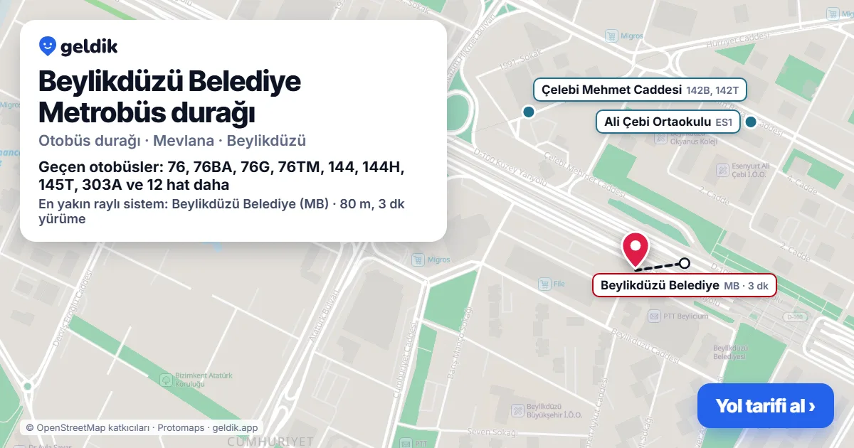 Beylikdüzü Belediye Metrobüs otobüs durağı haritada: konumu ve yakındaki duraklar