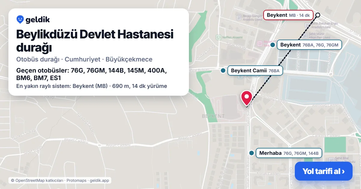 Beylikdüzü Devlet Hastanesi otobüs durağı haritada: konumu ve yakındaki duraklar