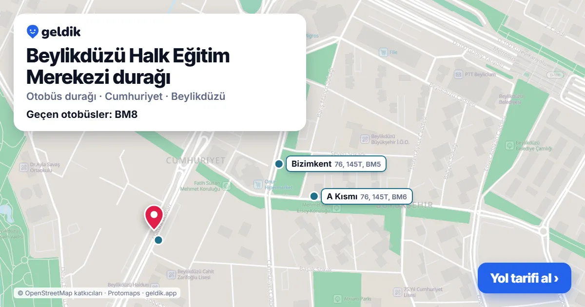 Beylikdüzü Halk Eğitim Merekezi otobüs durağı haritada: konumu ve yakındaki duraklar