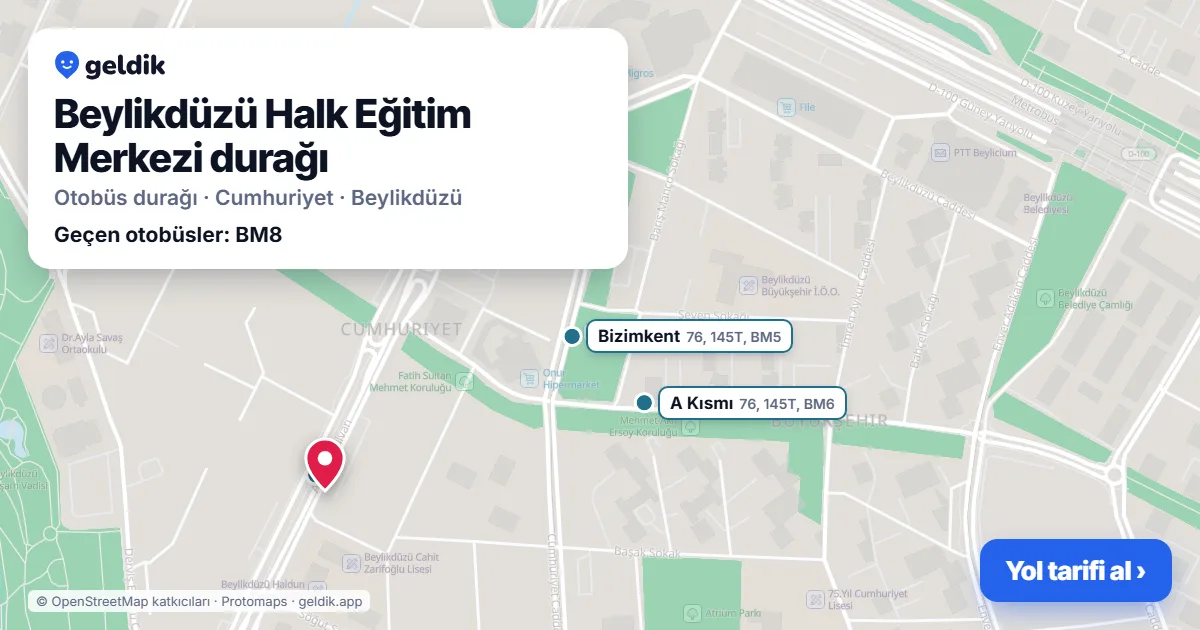 Beylikdüzü Halk Eğitim Merkezi otobüs durağı haritada: konumu ve yakındaki duraklar