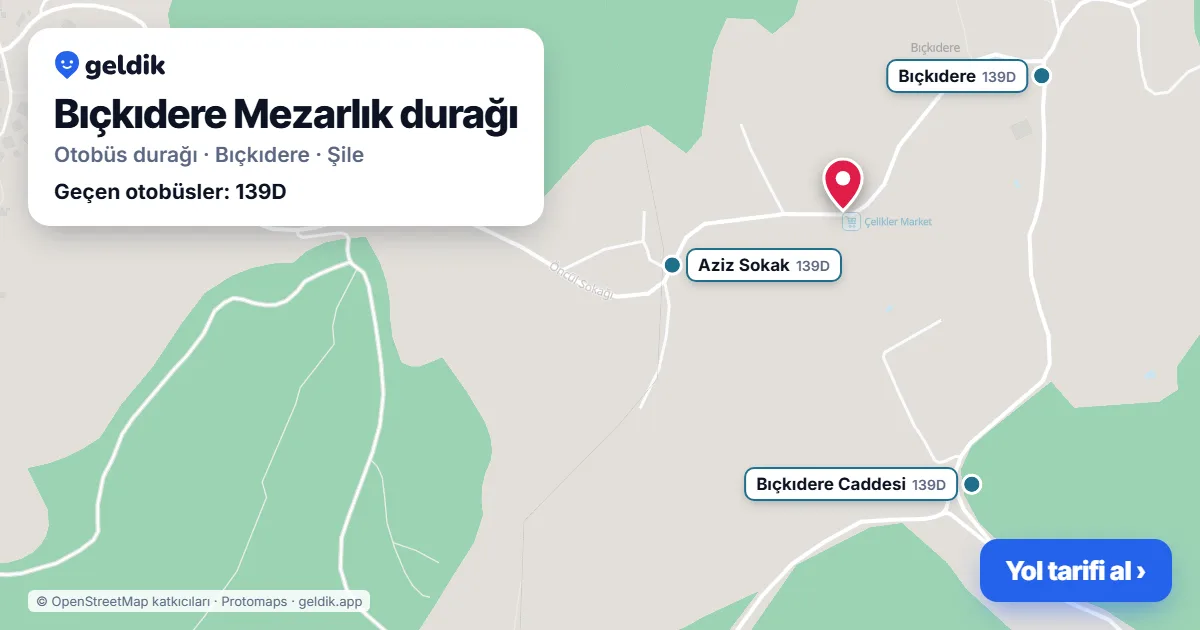 Bıçkıdere Mezarlık otobüs durağı haritada: konumu ve yakındaki duraklar