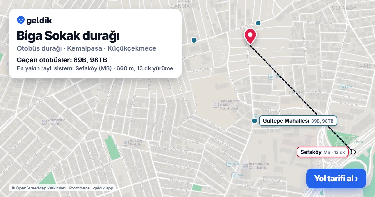 Biga Sokak otobüs durağı haritada: konumu ve yakındaki duraklar