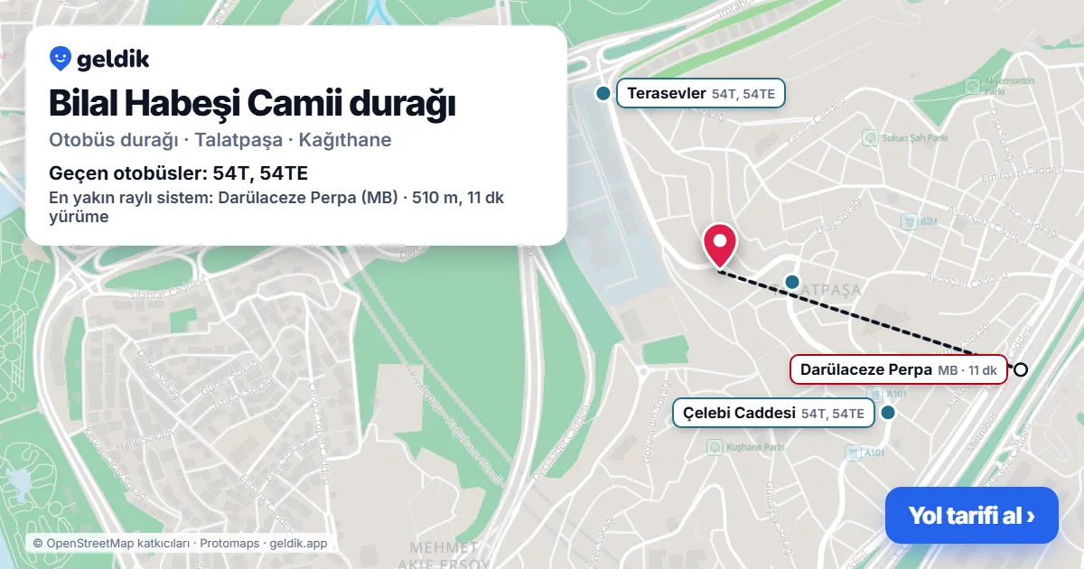 Bilal Habeşi Camii otobüs durağı haritada: konumu ve yakındaki duraklar