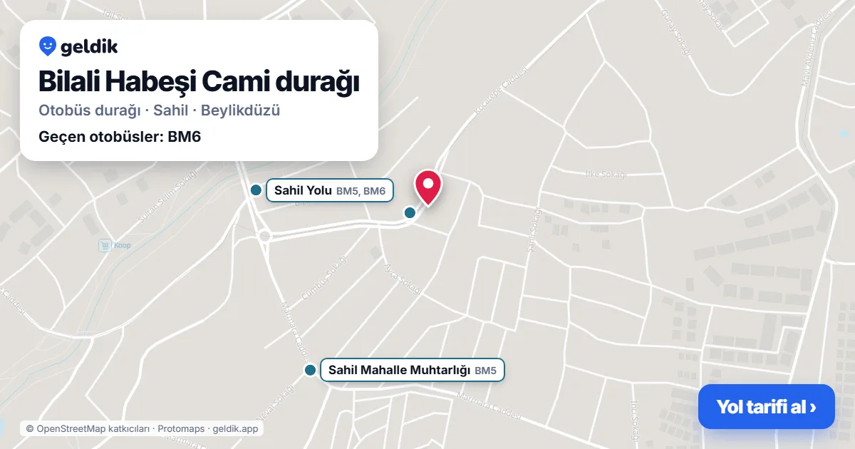 Bilali Habeşi Cami otobüs durağı haritada: konumu ve yakındaki duraklar