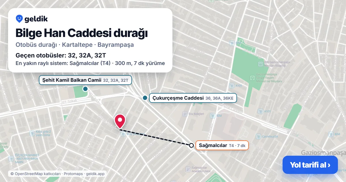 Bilge Han Caddesi otobüs durağı haritada: konumu ve yakındaki duraklar