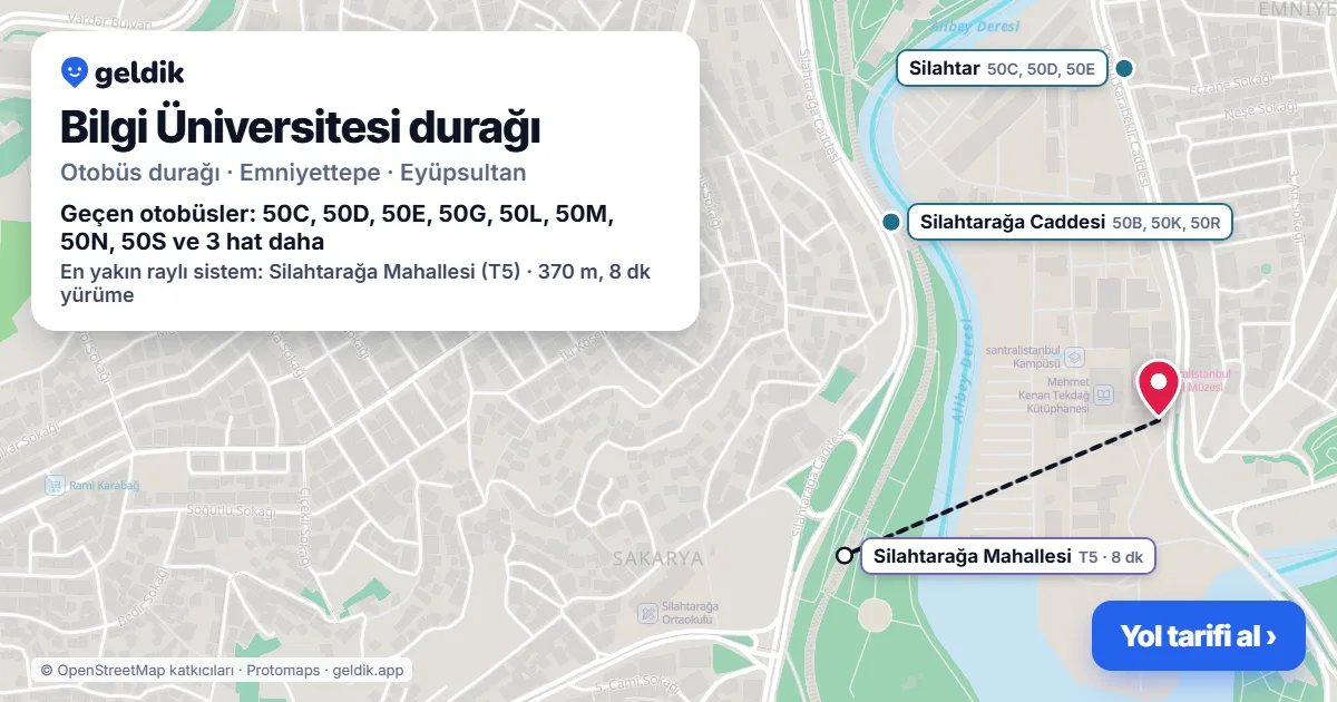 Bilgi Üniversitesi otobüs durağı haritada: konumu ve yakındaki duraklar