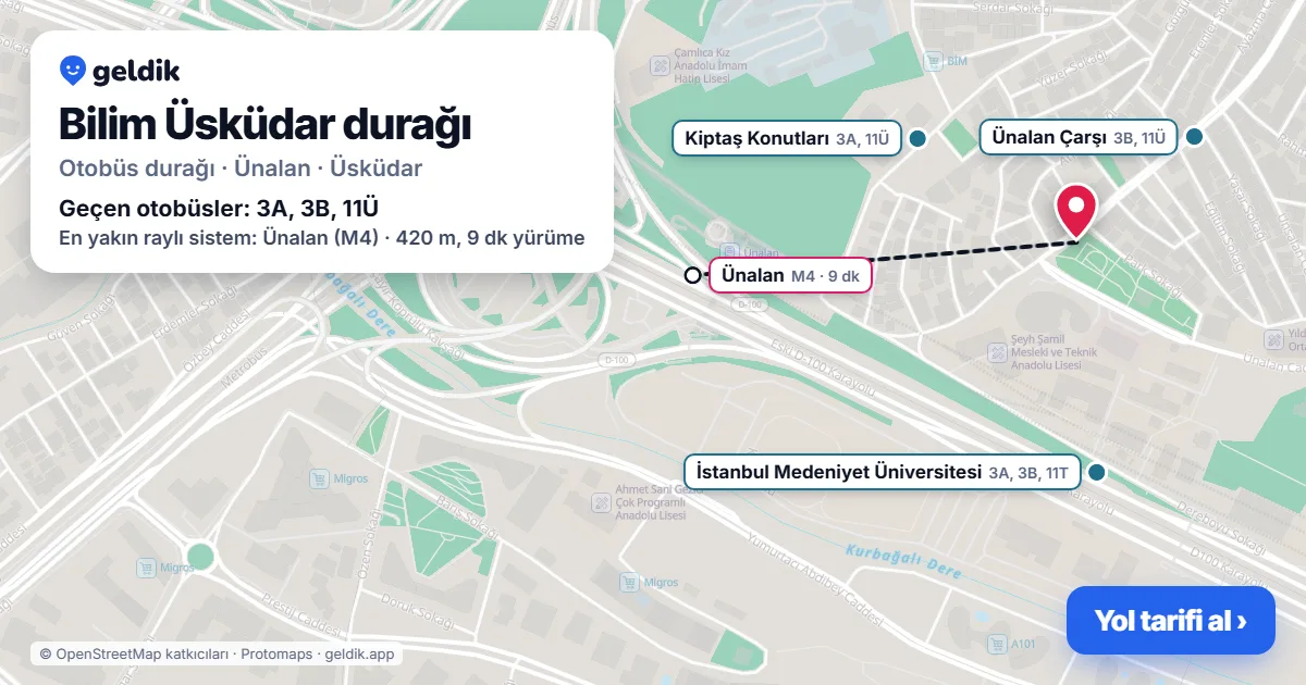 Bilim Üsküdar otobüs durağı haritada: konumu ve yakındaki duraklar