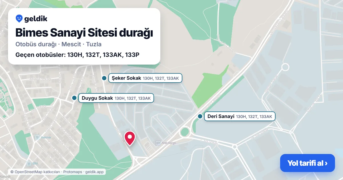 Bimes Sanayi Sitesi otobüs durağı haritada: konumu ve yakındaki duraklar