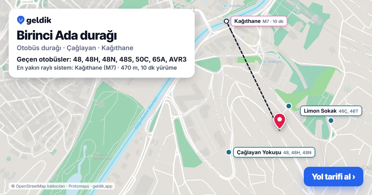Birinci Ada otobüs durağı haritada: konumu ve yakındaki duraklar
