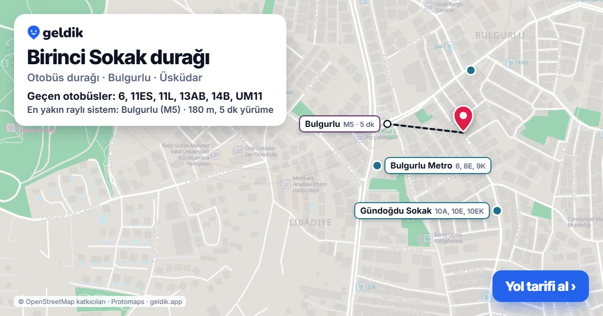 Birinci Sokak otobüs durağı haritada: konumu ve yakındaki duraklar