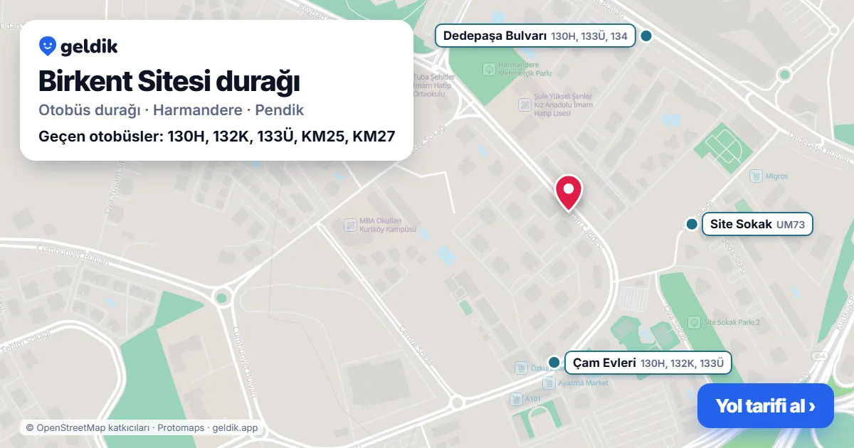 Birkent Sitesi otobüs durağı haritada: konumu ve yakındaki duraklar