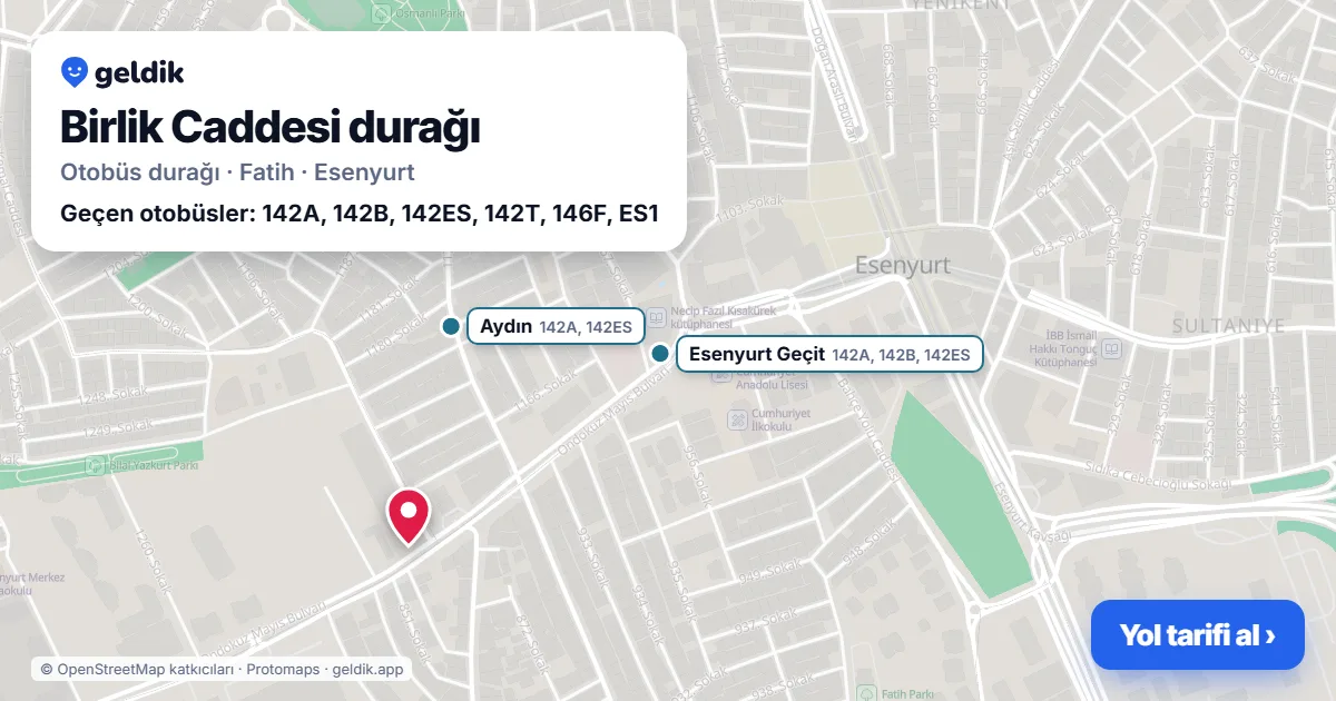 Birlik Caddesi otobüs durağı haritada: konumu ve yakındaki duraklar