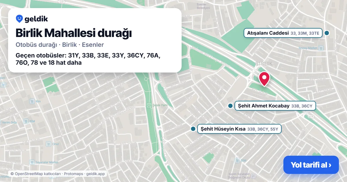 Birlik Mahallesi otobüs durağı haritada: konumu ve yakındaki duraklar