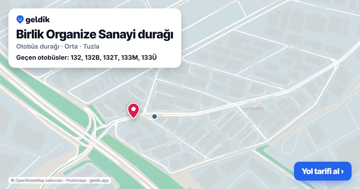 Birlik Organize Sanayi otobüs durağı haritada: konumu ve yakındaki duraklar