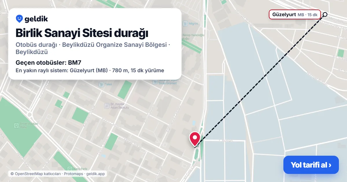 Birlik Sanayi Sitesi otobüs durağı haritada: konumu ve yakındaki duraklar
