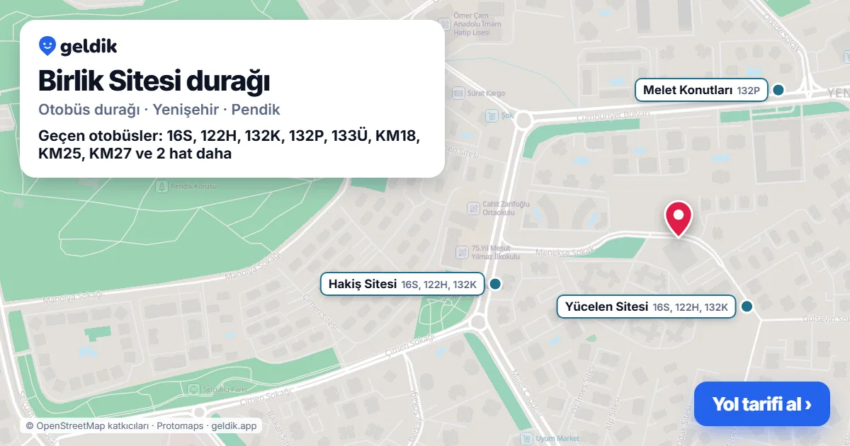 Birlik Sitesi otobüs durağı haritada: konumu ve yakındaki duraklar