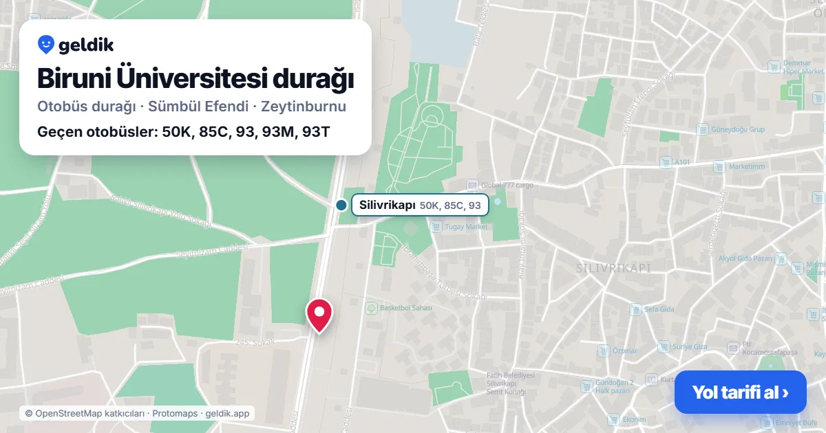 Biruni Üniversitesi otobüs durağı haritada: konumu ve yakındaki duraklar