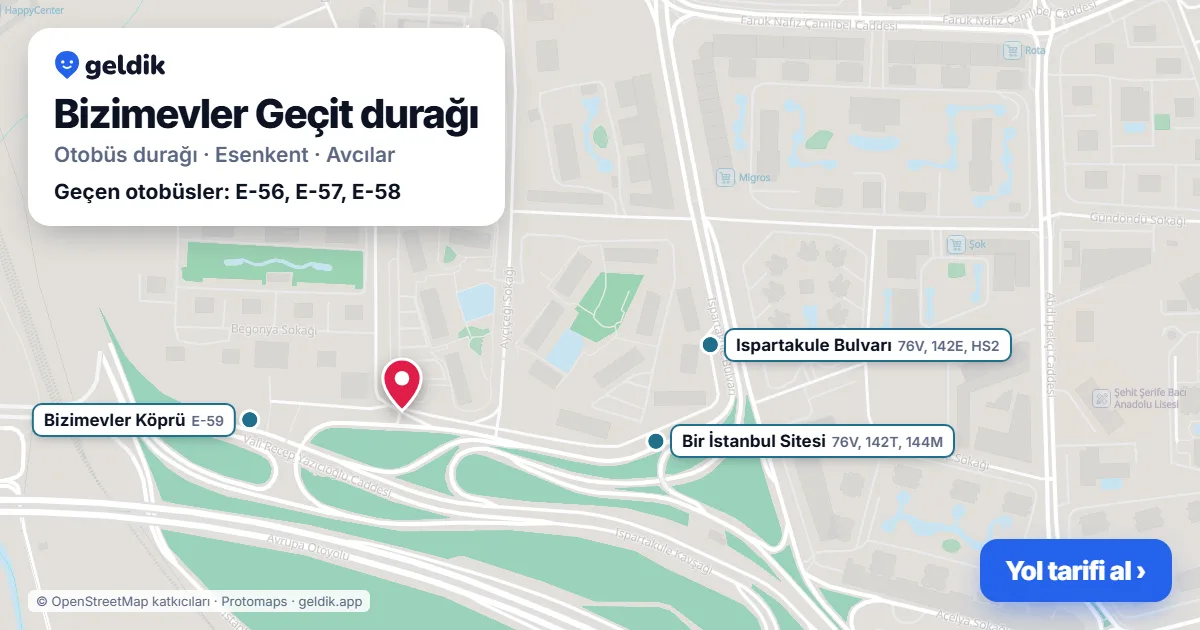 Bizimevler Geçit otobüs durağı haritada: konumu ve yakındaki duraklar