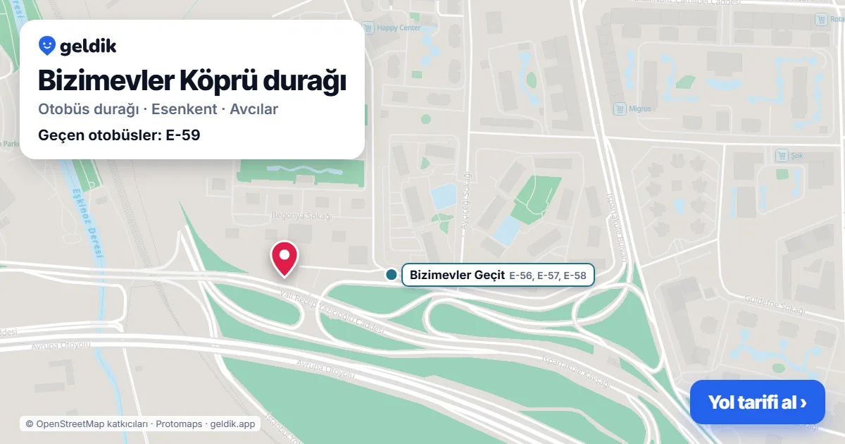 Bizimevler Köprü otobüs durağı haritada: konumu ve yakındaki duraklar