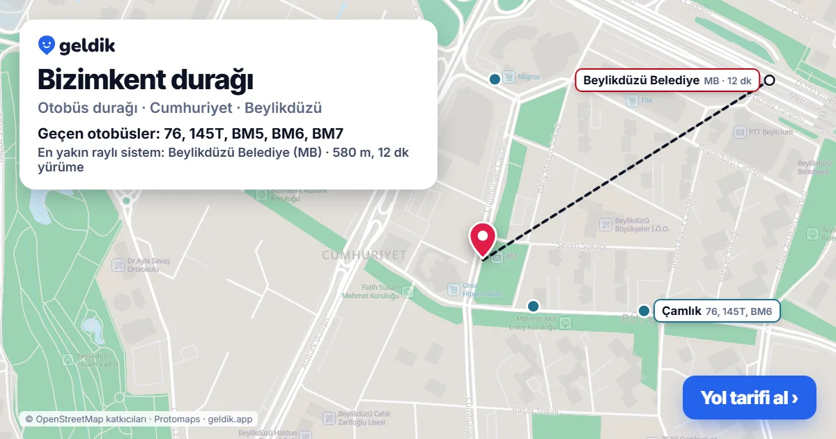 Bizimkent otobüs durağı haritada: konumu ve yakındaki duraklar