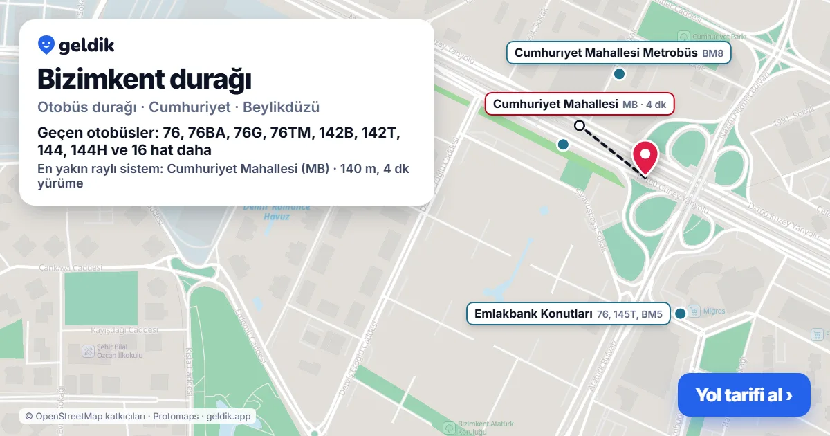 Bizimkent otobüs durağı haritada: konumu ve yakındaki duraklar