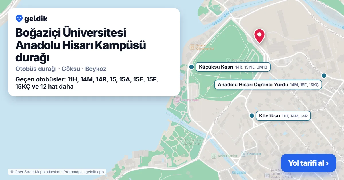 Boğaziçi Üniversitesi Anadolu Hisarı Kampüsü otobüs durağı haritada: konumu ve yakındaki duraklar
