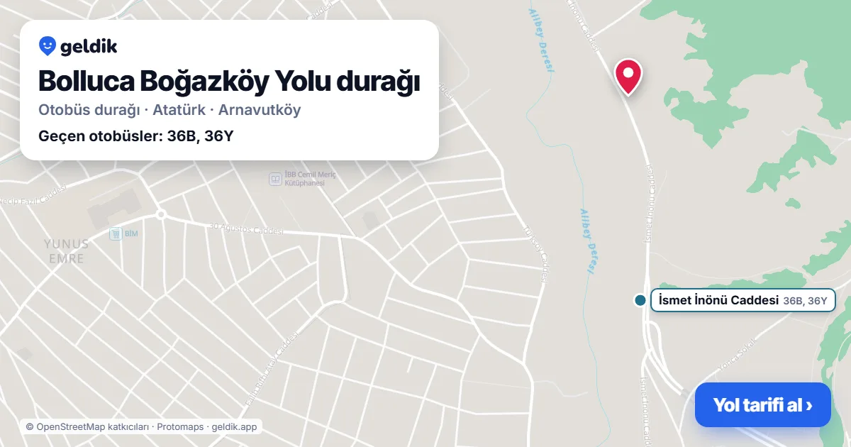 Bolluca Boğazköy Yolu otobüs durağı haritada: konumu ve yakındaki duraklar