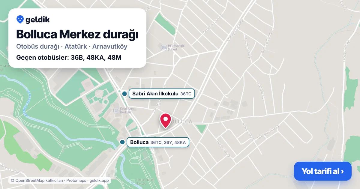 Bolluca Merkez otobüs durağı haritada: konumu ve yakındaki duraklar