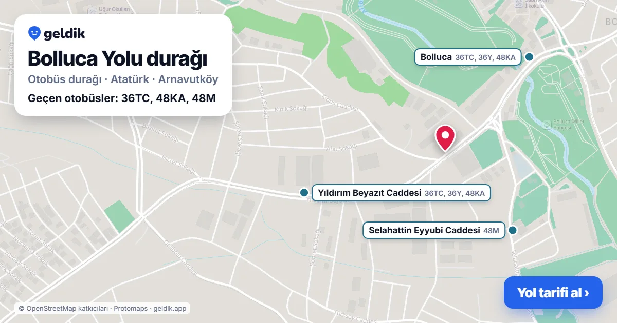 Bolluca Yolu otobüs durağı haritada: konumu ve yakındaki duraklar