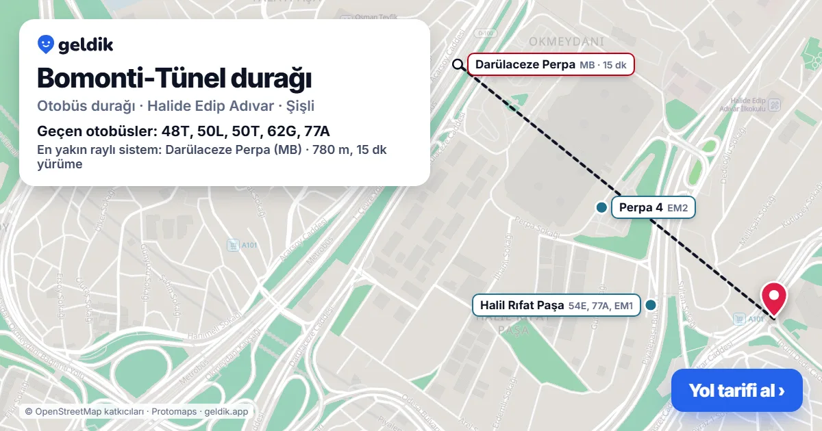 Bomonti-Tünel otobüs durağı haritada: konumu ve yakındaki duraklar