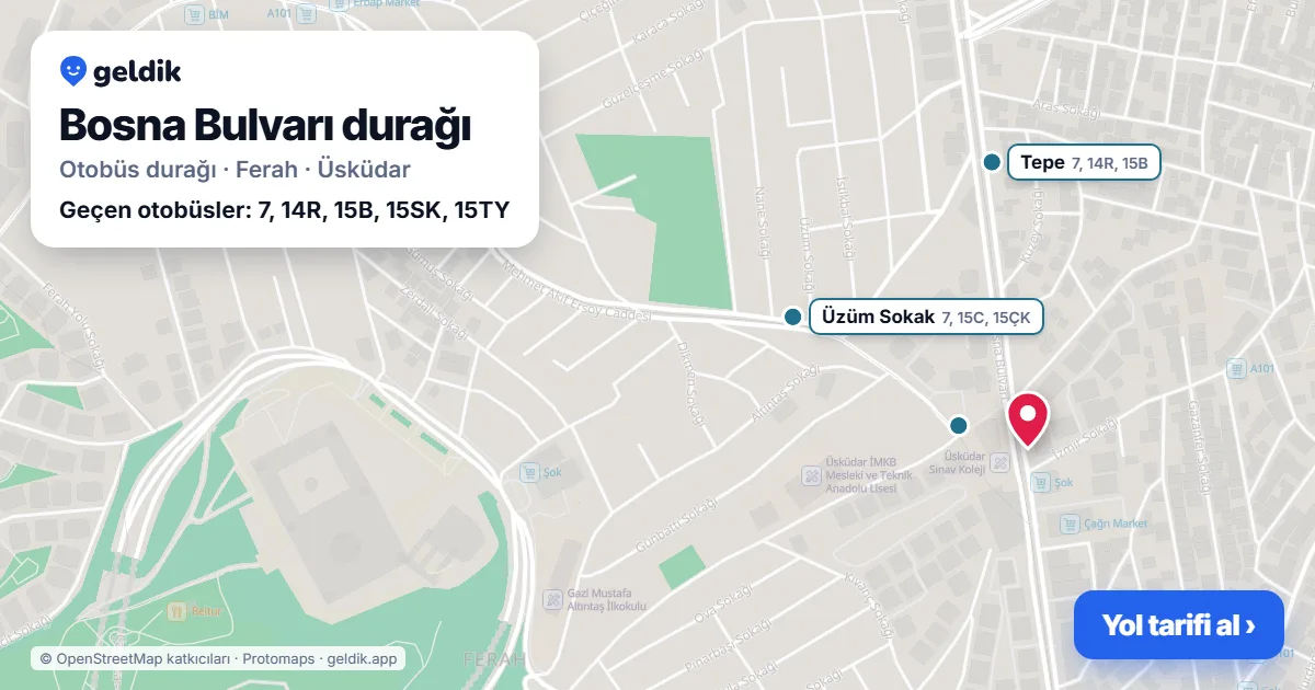Bosna Bulvarı otobüs durağı haritada: konumu ve yakındaki duraklar