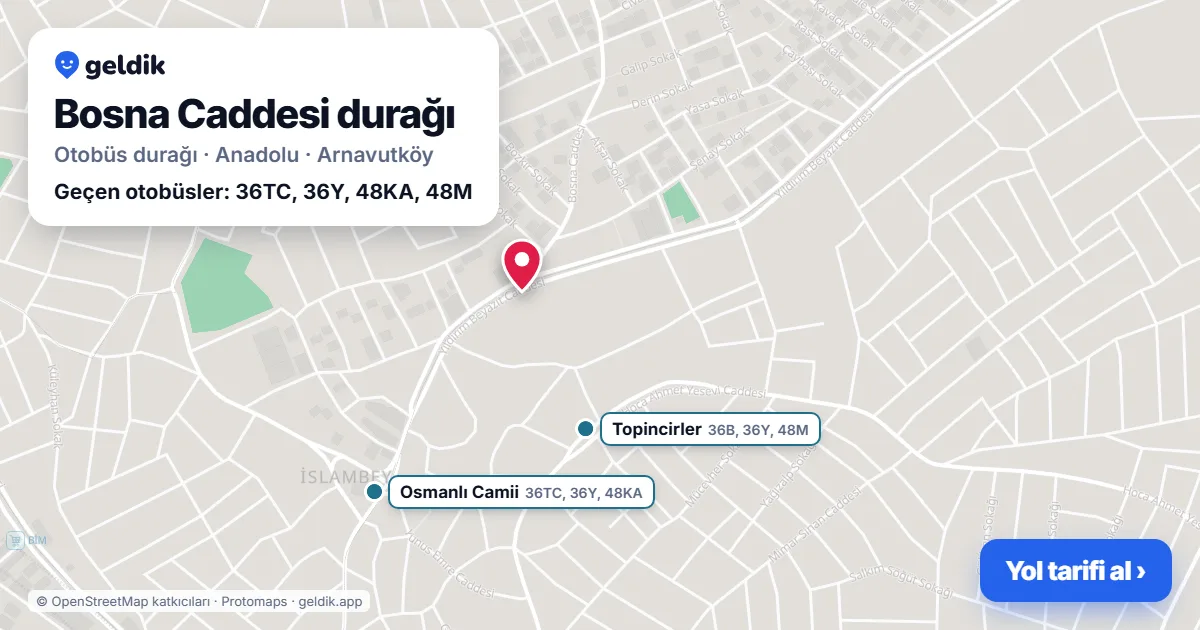 Bosna Caddesi otobüs durağı haritada: konumu ve yakındaki duraklar