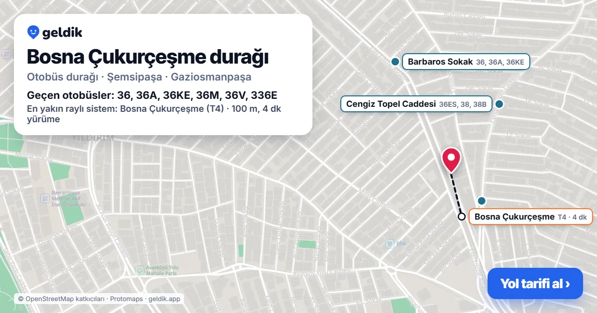 Bosna Çukurçeşme otobüs durağı haritada: konumu ve yakındaki duraklar