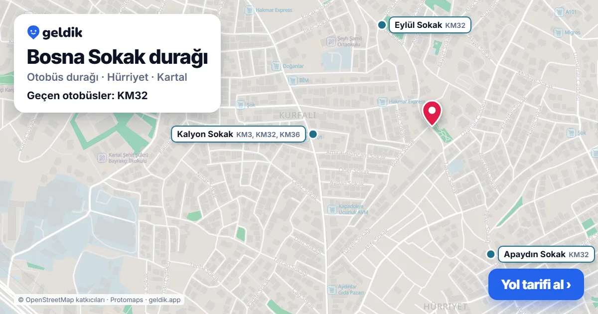 Bosna Sokak otobüs durağı haritada: konumu ve yakındaki duraklar