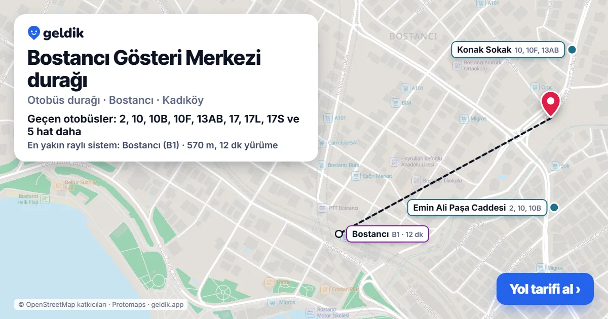 Bostancı Gösteri Merkezi otobüs durağı haritada: konumu ve yakındaki duraklar