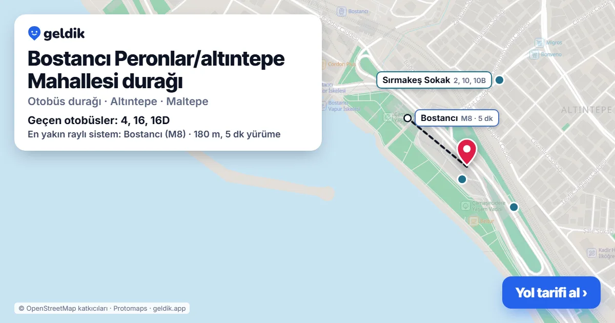 Bostancı Peronlar/altıntepe Mahallesi otobüs durağı haritada: konumu ve yakındaki duraklar